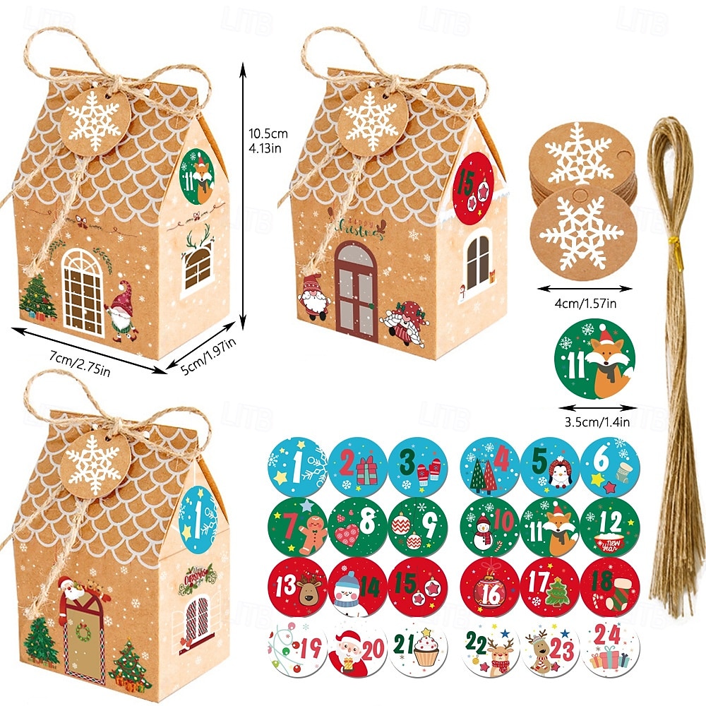 Christmas Gingerbread House Candy Boxes, 24pcs (3 Designs 8 Each, with Stickers), Kraft Paper Gift Boxes, Advent Calendar Packaging 2025 - $12.99 –P2