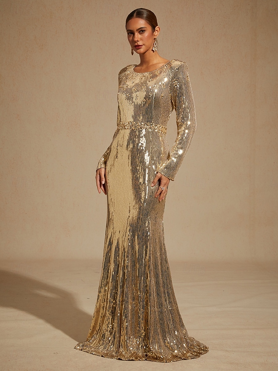Women's Maxi Dress Floor Length Dress Trumpet Mermaid Dress Elegant Party Evening Party Cocktail Party Sequins Beaded Regular Fit Solid Color Long Sleeve Crew Neck Gold Spring Fall Winter 2026 - $625.69 –P7