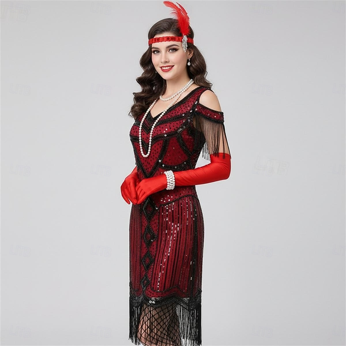 Conjunto Rugido 20s 1920s Hasta la Rodilla Vestido Flapper Accesorios Vestido de fiesta de graduación con accesorios Hombro frío El gran Gatsby Invitado a la boda Lentejuelas Borlas Pluma Escote en 2026 - $54.99 –P5
