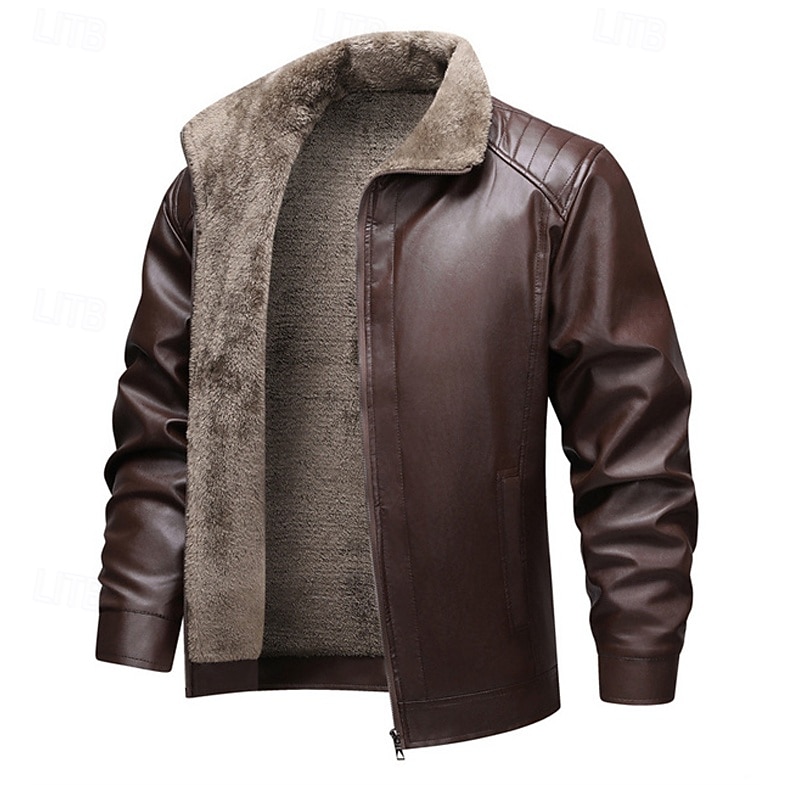 Men's Faux Leather Jacket Winter Jacket Fleece Jacket Casual Jacket Outdoor Casual Thermal Warm Pocket Fall Winter Plaid Streetwear Casual Hooded Regular Black Brown Jacket 2026 - $37.99 –P1