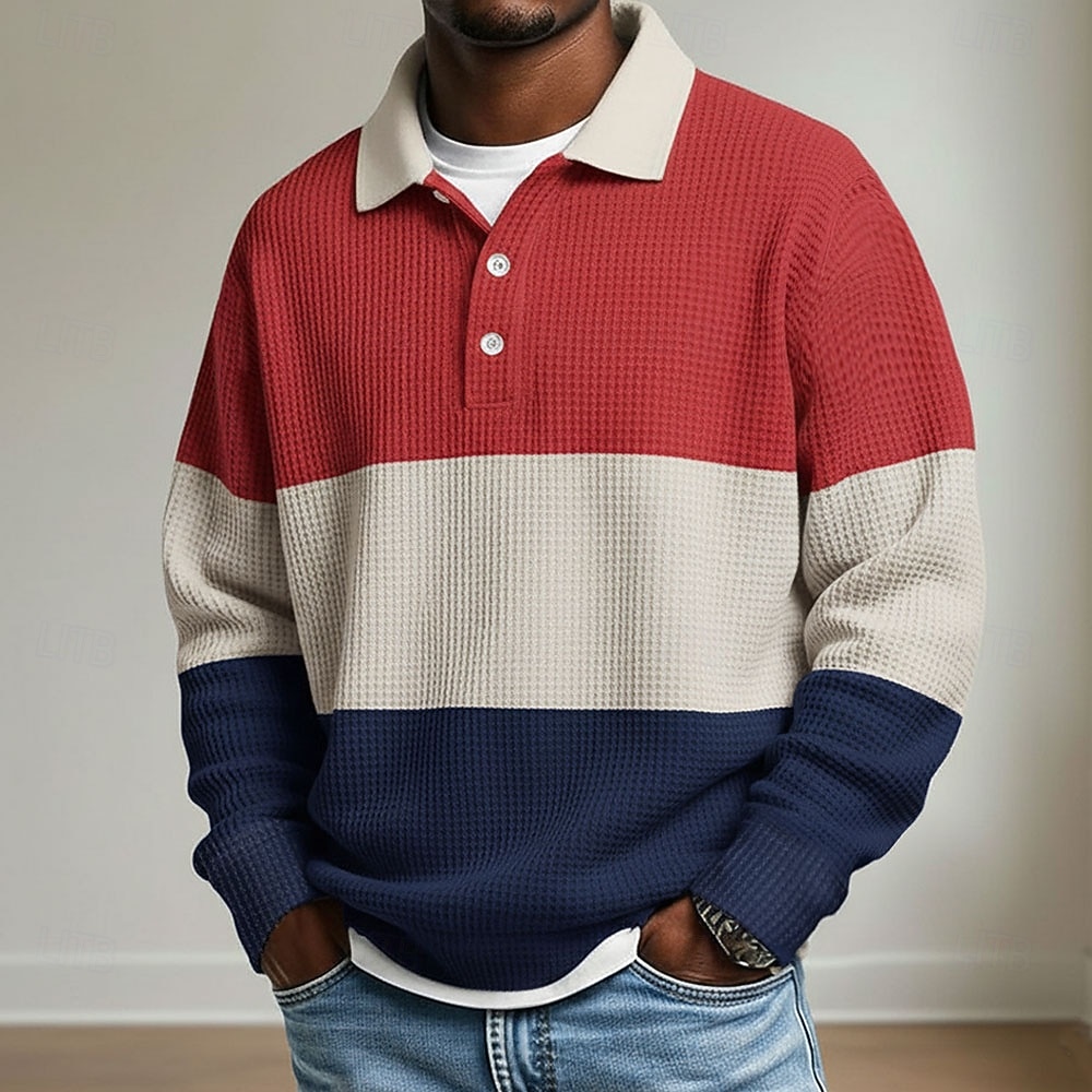 Per uomo A righe Magliette Polo a Nido d'Ape Polo da rugby Manica Lunga Magliette polo Camicie con Colletto Casual Athleisure Abbigliamento quotidiano Bottoni Primavera Autunno Inverno Blu Rosso del 2026 a $26.99 –P1