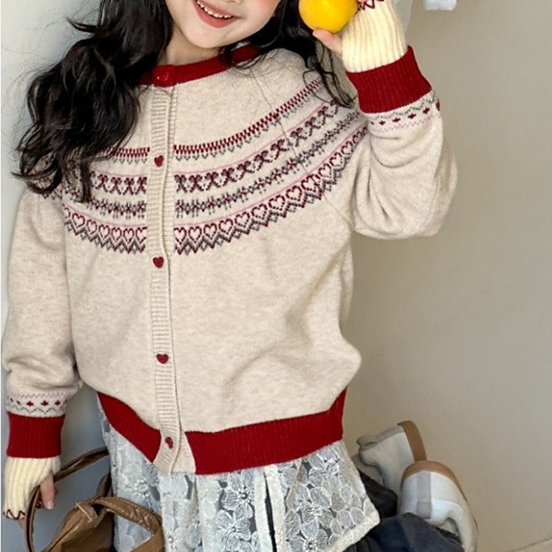 Kids Girls' Cardigan Sweater Heart Outdoor Long Sleeve Button Up Fashion 4-12 Years Fall Beige 2026 - $27.99 –P3