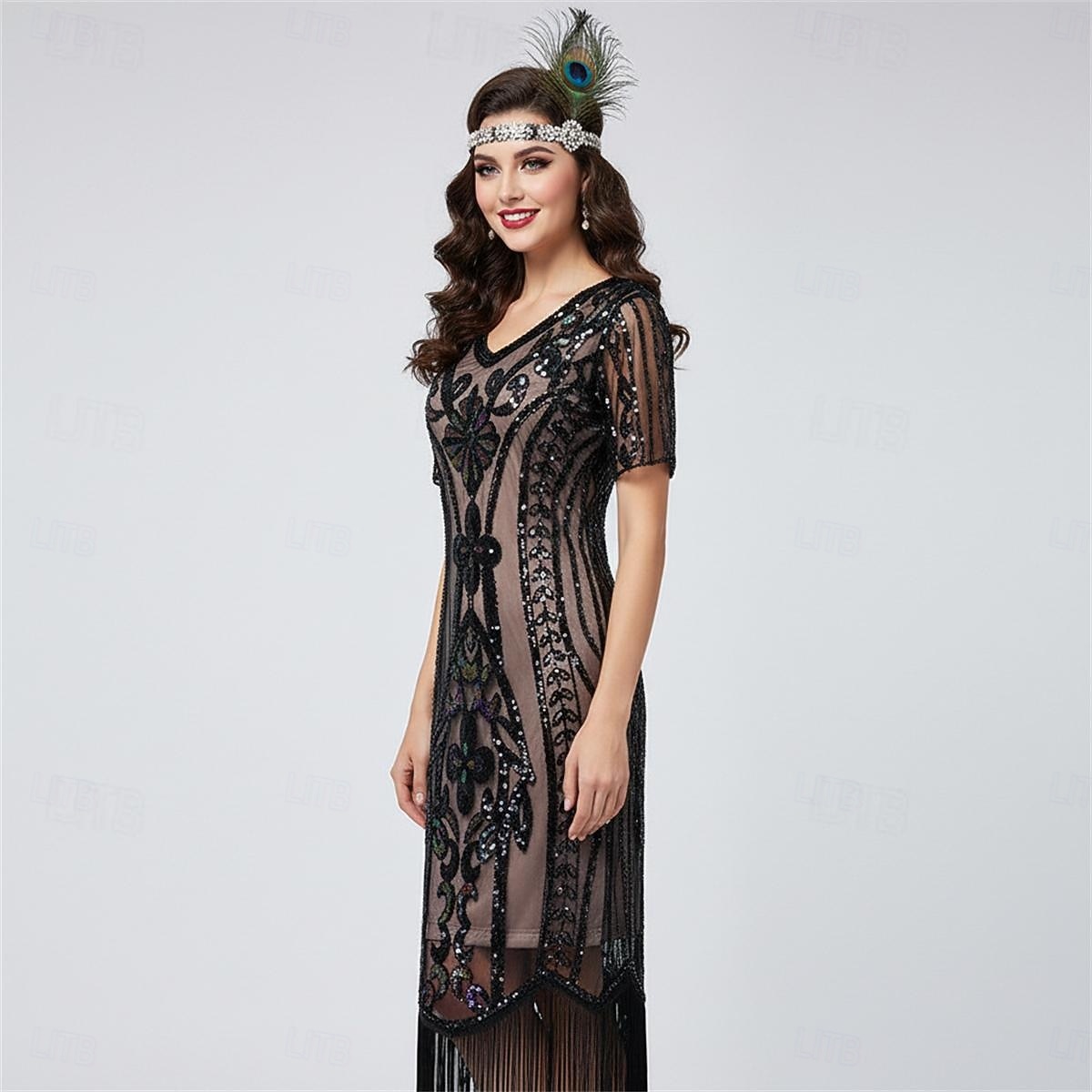 Loucos anos 20 Anos 20 Até os Joelhos Comprimento Curto Vestido melindroso Ilusão Mangas curtas O Grande Gatsby Convidado do casamento Paetês Lantejoula Decote V Fantasia Mulheres Carnaval Baile de de 2026 por $43.99 –P11