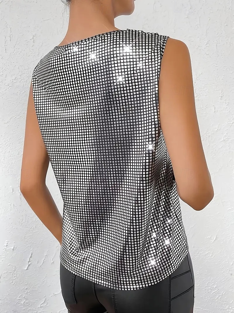 Per donna Canotta a canotta Paillettes Tinta unica Festa Elegante Senza Maniche Scollo a V Top Regolari Ferie Uscire Argento Oro Estate Primavera Autunno del 2026 a $21.99 –P2