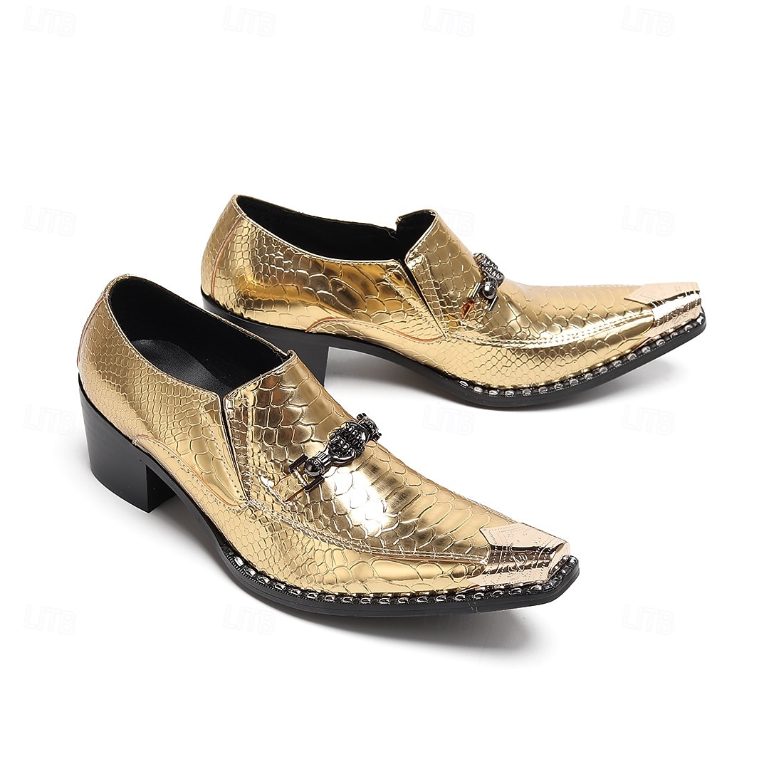 Scarpe eleganti con stampa di serpente oro di Mardi Gras per uomini – pelle di mucca premium 100% all’avanguardia design a punta per Carnevale feste e occasioni speciali del 2026 a $149.99 –P7