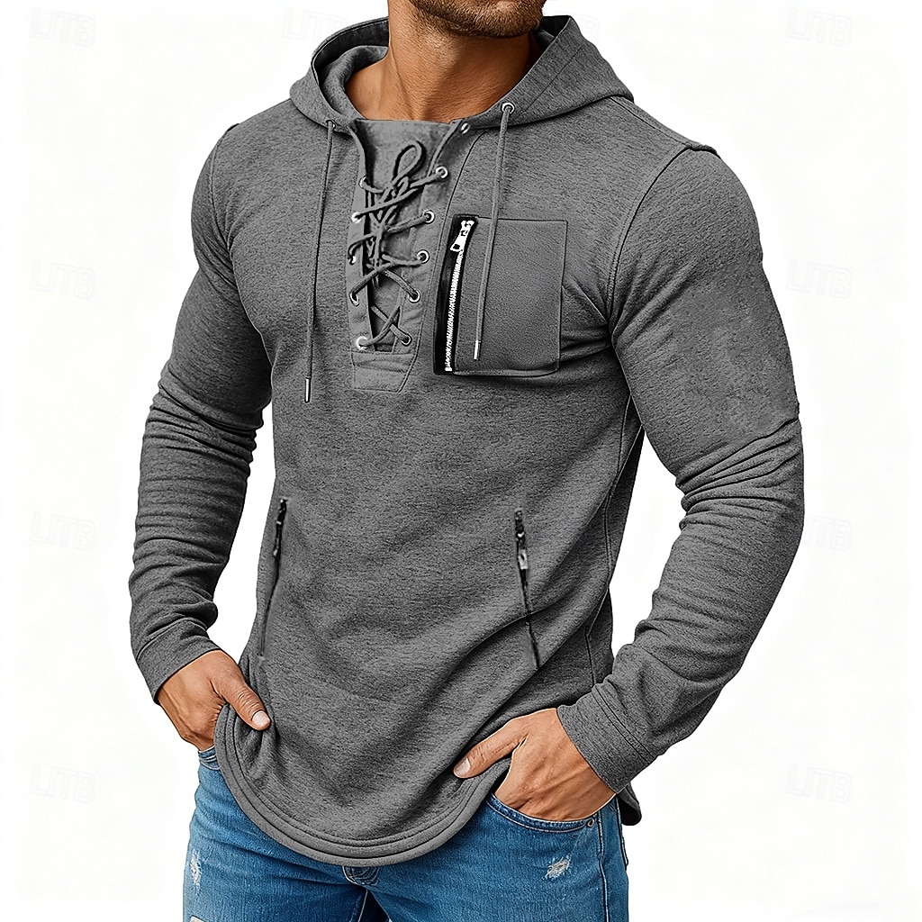 Herren T Shirt T-Shirt Langarmshirt Langarm Mit Kapuze Frühling & Herbst Ganzjahres Einfarbig Mode Designer Basic Schnürung Reißverschlusstasche Urlaub Straße Lässig Dunkelgrau Schwarz Koffee Top 2026 - $22.99 –P5