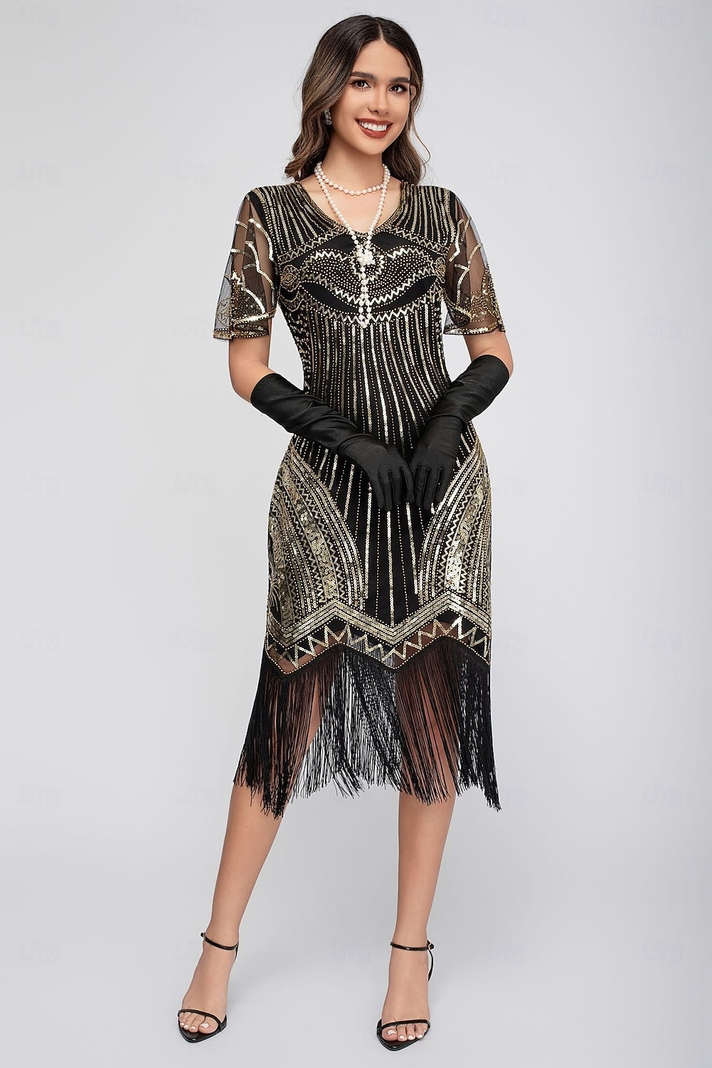 Goldene Zwanziger 1920er Knielang Flapper Kleid Kurze Ärmel Der große Gatsby Pailletten Fransen V Ausschnitt Kostüm Damen Weihnachten Karneval Flüsterkneipe Maskerade Retro-Mottoparty Erwachsene 2026 - $45.99 –P2
