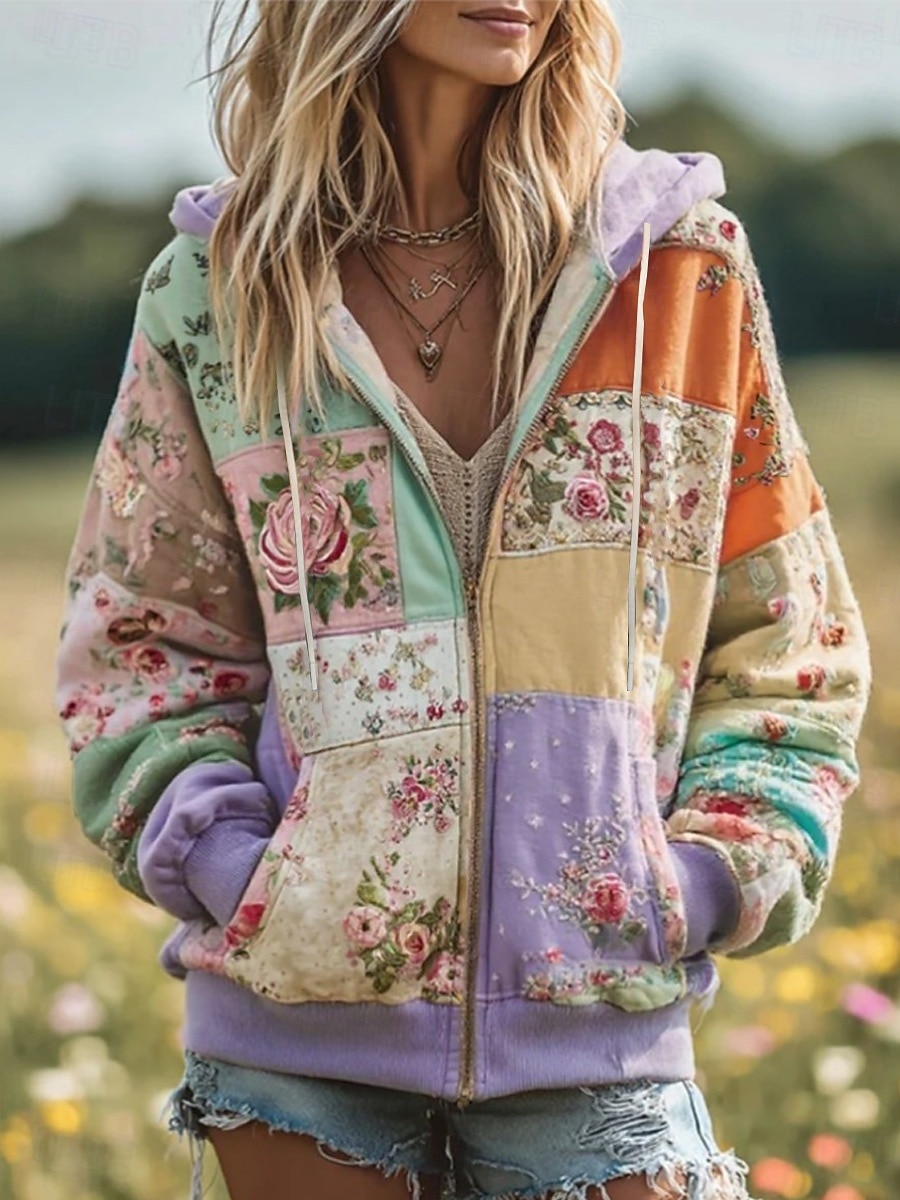 Naisten 3D Print Vintage Boho Huppari Patchwork Huppari Sweatshirt Kukallinen Hupparilla Sweatshirt Takki Pitkähihaiset Zip Up Taskulla Kevyt Rentoa Zip Up s Kadun Arkivaatteita Patchwork Tasku Syksy 2025 - $35.99 –P3