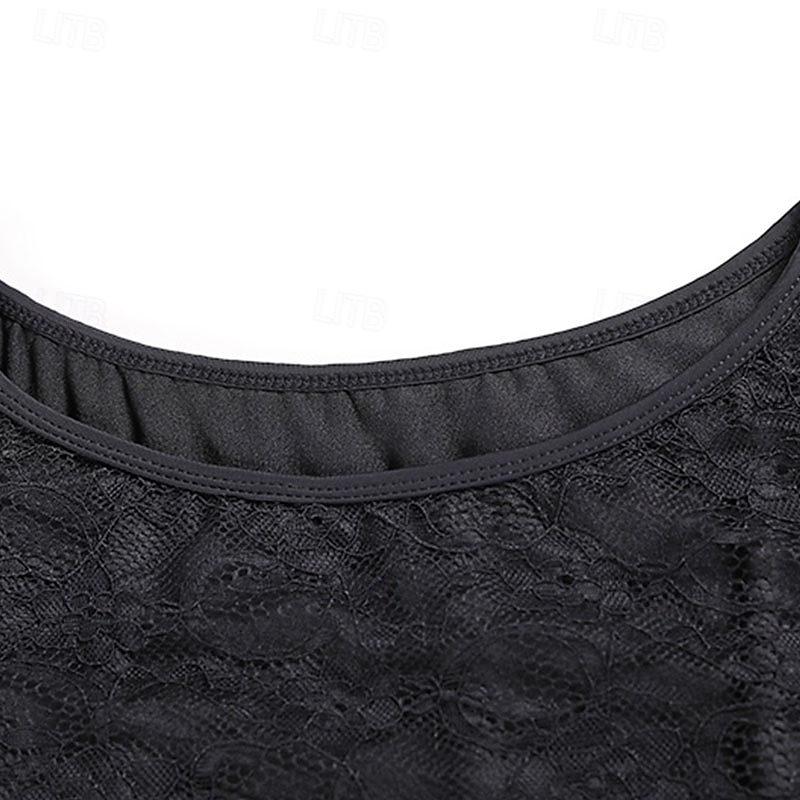 Abito da allenamento per ballo da sala da donna, elegante, nero, con maniche in pizzo, scollo a barca, valzer, tango, rumba moderna del 2026 a $161.99 –P7