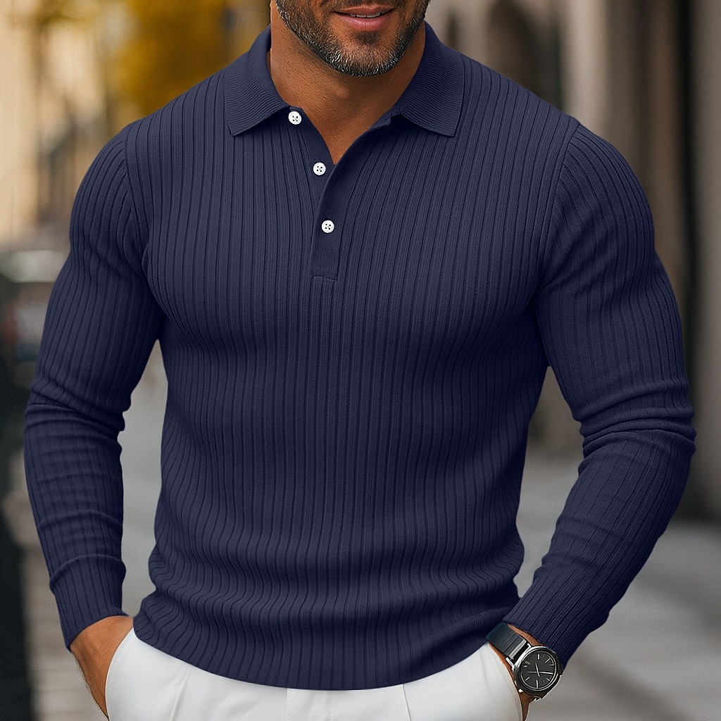 Men's Rib Knit Top Textured Street Casual Lapel Long Sleeve Basic Modern Plain Buttons Spring Fall All Seasons Slim Fit Blue White Navy Blue Gray Rib Knit Top 2025 - $25.99 –P2