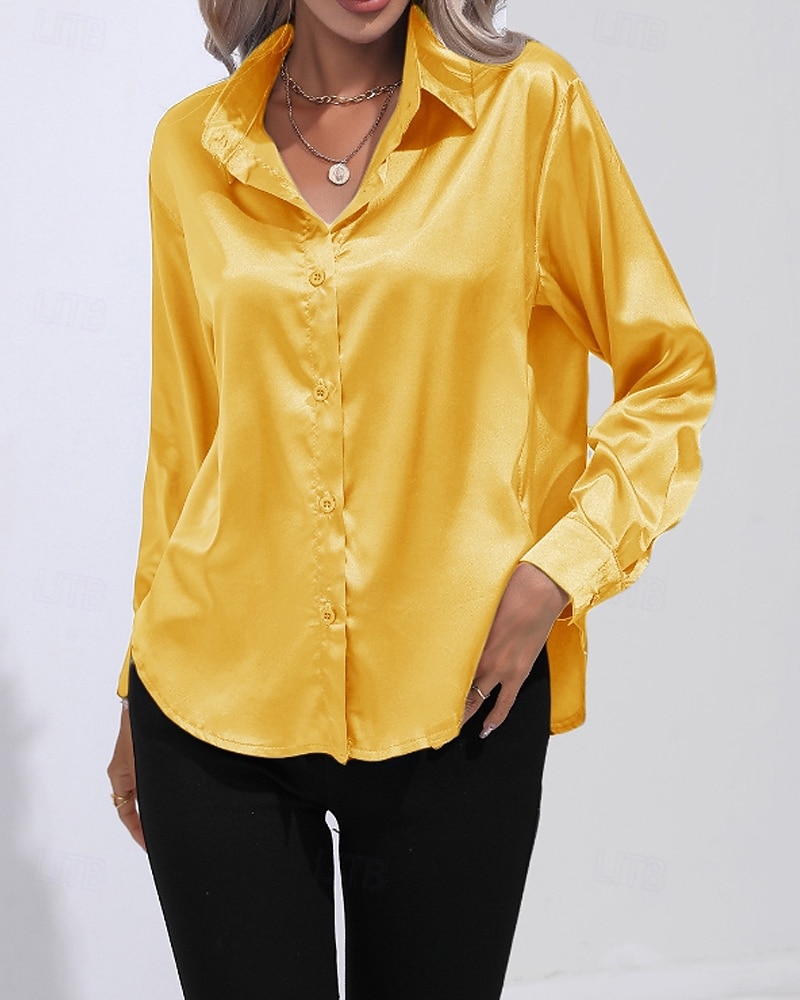 Femmes Chemise Elegant Haut en satin Chemisier Boutons Uni Élégant ancien manche longue Col de chemise Hauts Réguliers Fête Sortir Jaune Rouge Bleu Roi Rose Gris Été Printemps de 2026 ? $25.99 –P11