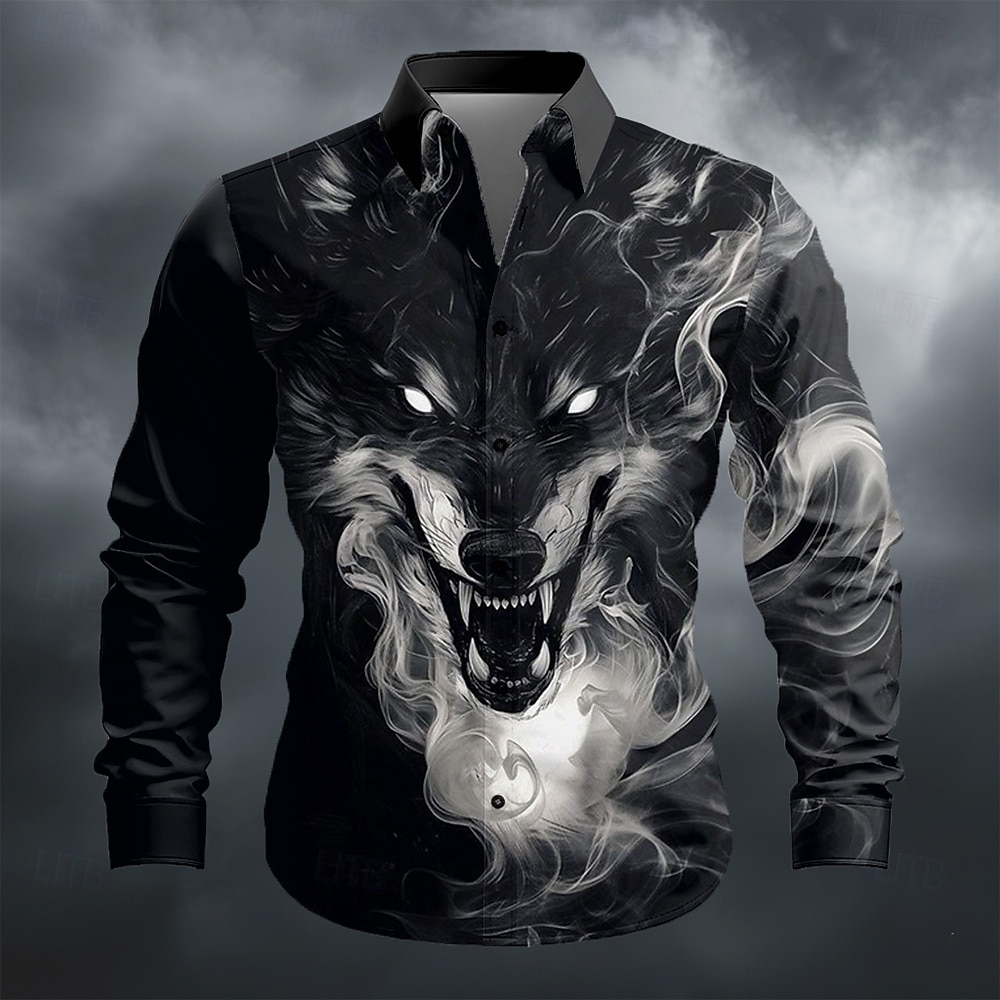 Miesten Savuinen Eläin Susi Paita Button Up paita Pitkähihainen Vintage retro ulko- Arkikäyttö Kevät Syksy Sänkyjen avaus 3D-tulostus kauluspaidat Musta Ruskea 2026 - $27.99 –P1
