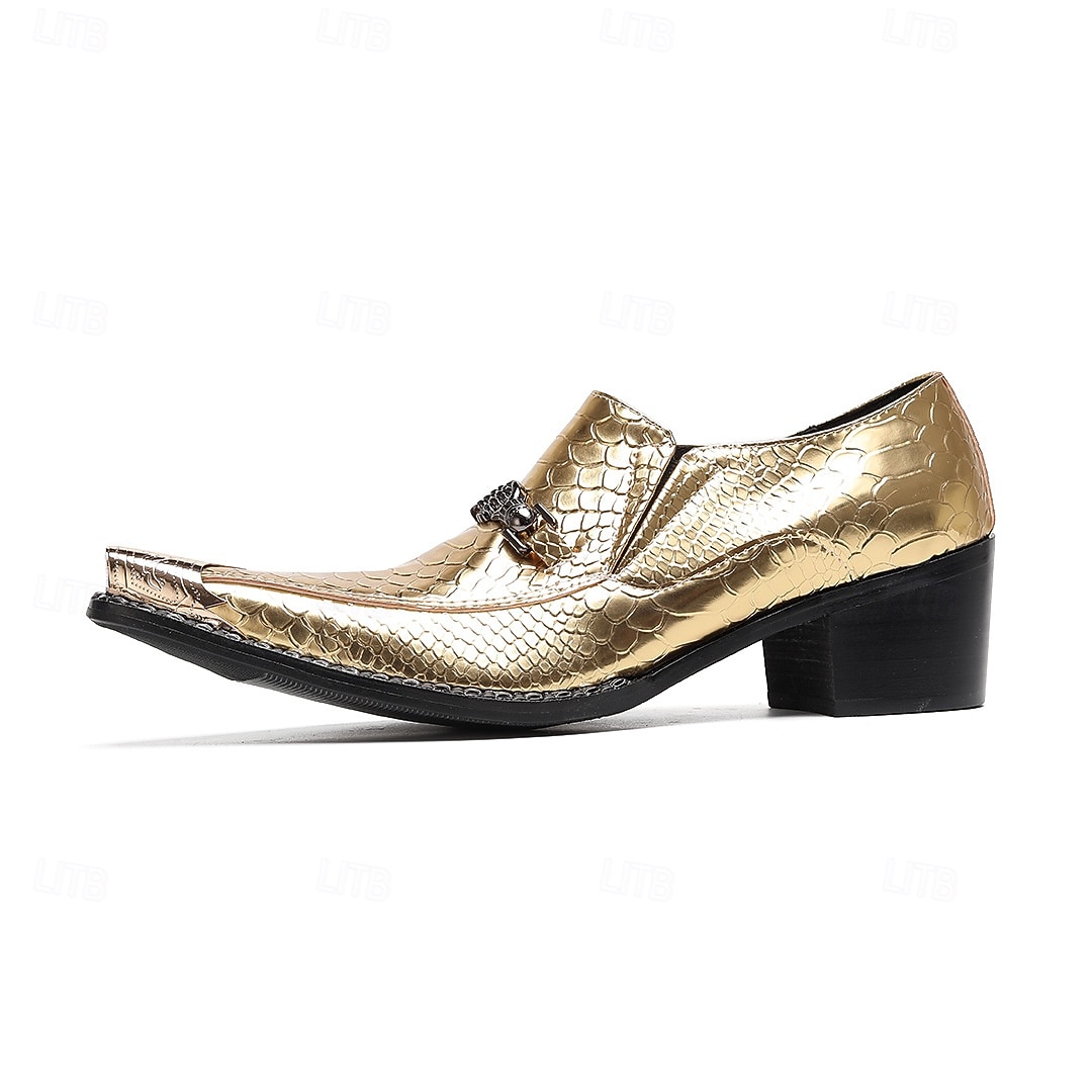 Scarpe eleganti con stampa di serpente oro di Mardi Gras per uomini – pelle di mucca premium 100% all’avanguardia design a punta per Carnevale feste e occasioni speciali del 2026 a $149.99 –P4