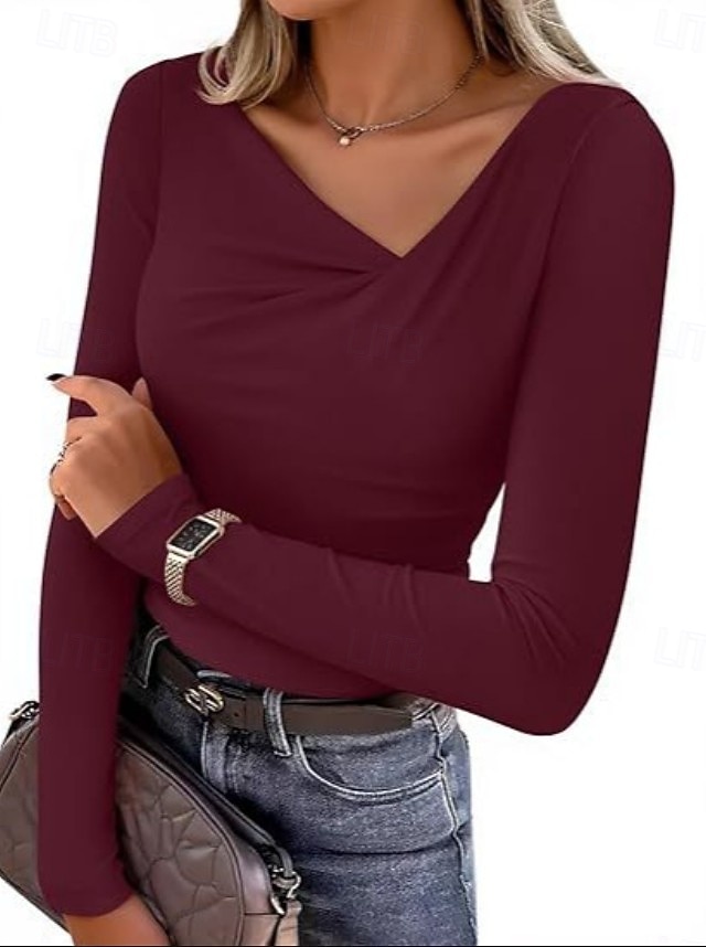 Per donna Maglietta Elegante Vintage Manica Lunga Scollo a Cascata Top Regolari Quotidiano Blu Vino Marrone Bianco sporco Primavera Autunno del 2026 a $26.99 –P1