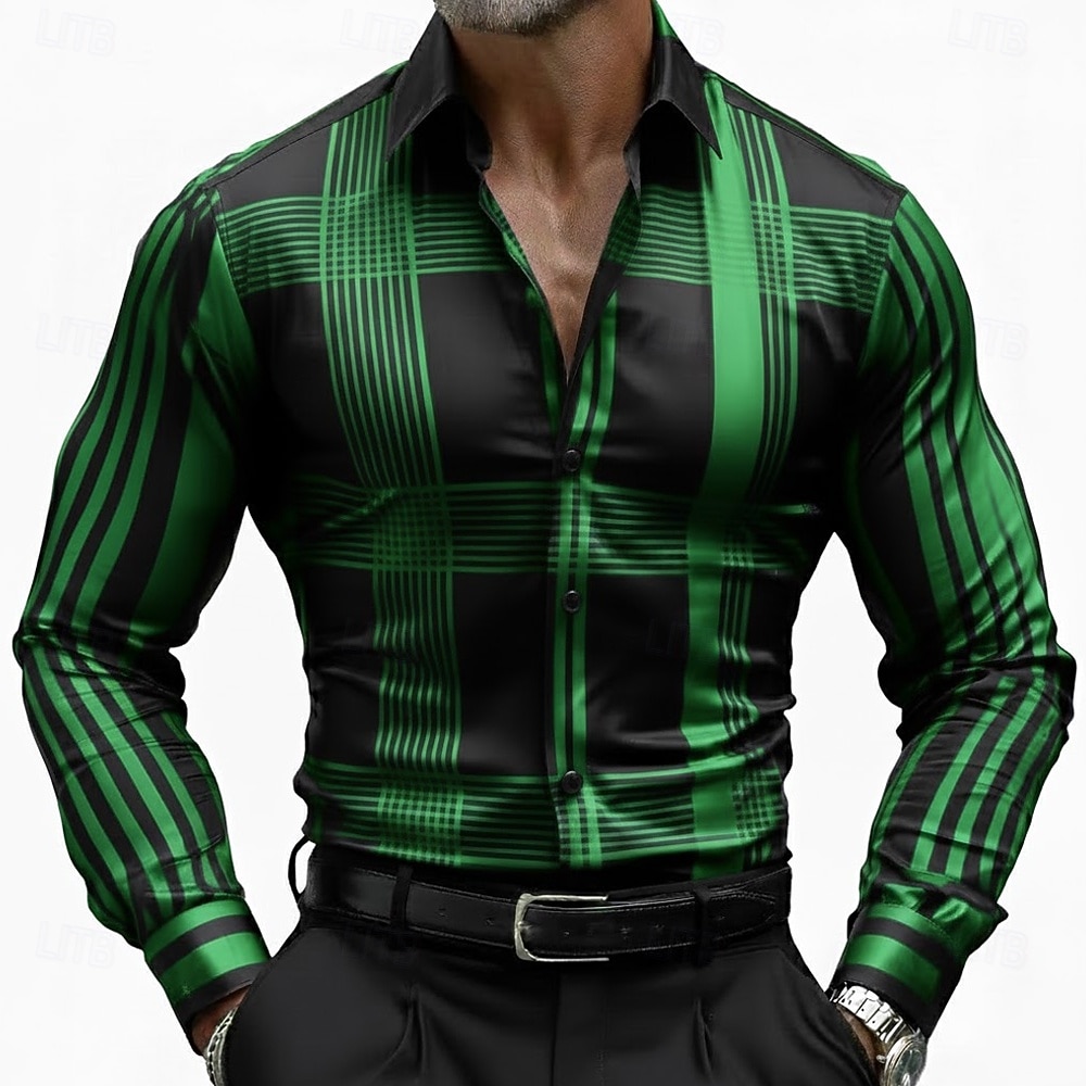 Hombre Geométrico A Rayas Cuadrícula / Cuadros Camisa Camisa de raso Camisa para Vestido Manga Larga Informal de negocios Vacaciones Uso Diario Verano Primavera Otoño Cuello Vuelto Impresión 3D 2026 - $29.99 –P5