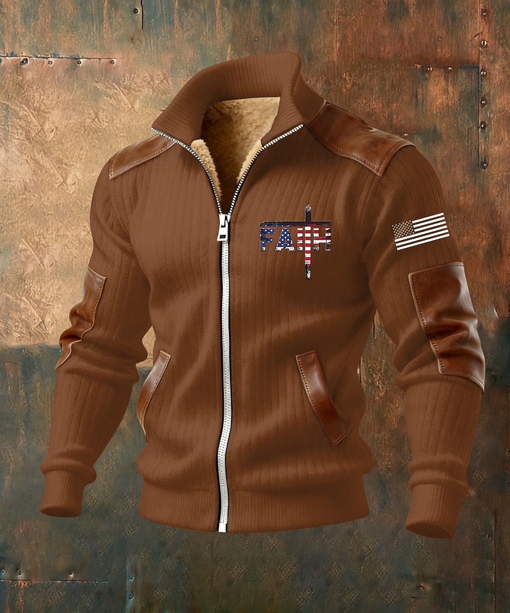 Homens Full Zip Hoodie Casaco de lã Moletom de lã Preto Branco Verde Tropa Azul Marinha Marron Colarinho Clerical Cruz Bandeira americana Fé Bolsos Detalhes em couro sintético Desportos e Ar livre de 2026 por $75.99 –P8