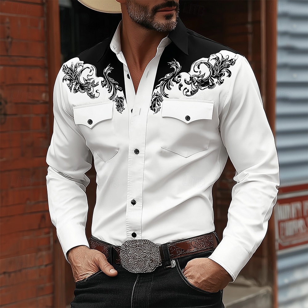 Herren Blumendruck Ethnisch Blumen Hemd Westernhemd Cowboy-Shirt Langarm Vintage-Retro Lässig Outdoor Arbeitskleidung Frühling Herbst Umlegekragen Zwei Fronttaschen Leinenähnliches Hemd Hemden mit 2026 - $27.99 –P1