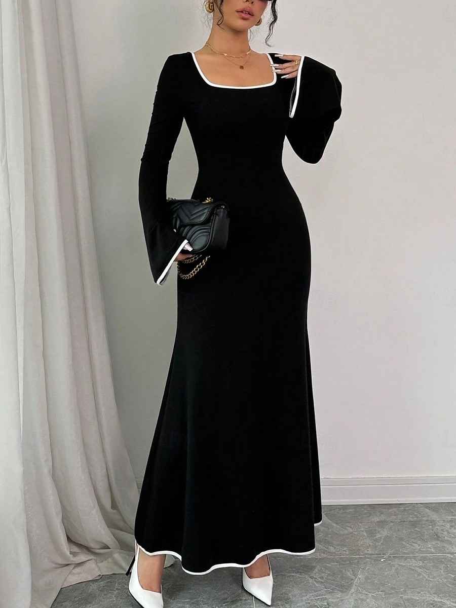 Per donna Abito maxi Tubino Casual Quotidiano Vestibilità regolare Semplice Manica Lunga Collo a U Nero Primavera Autunno Inverno del 2025 a $15.49 –P2