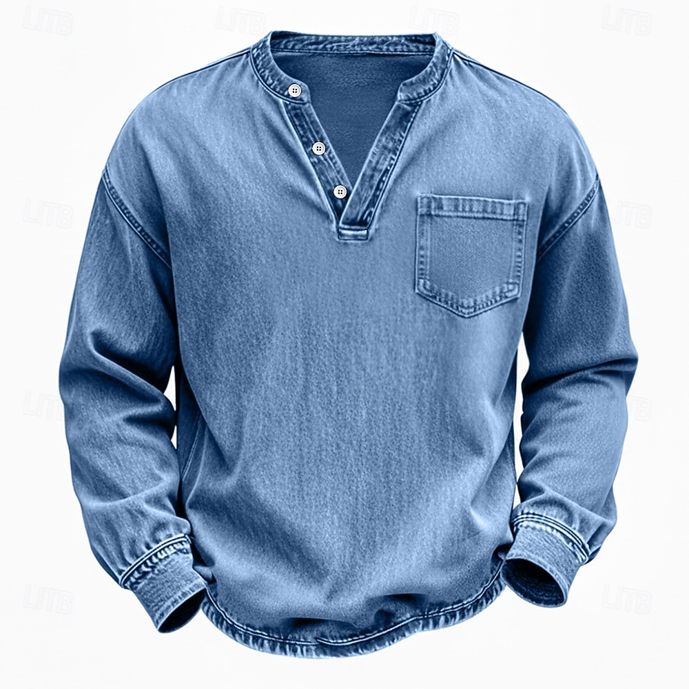 Voor heren Henley-shirt Overhemd van 100% katoen met zure wassing T-shirt T-shirt Lange mouw Wijnoogst Effen kleur Retro vintage Casual Vintagestijl Kledingstuk geverfd gewassen Henley Casual Lente 2026 - $31.99 –P2