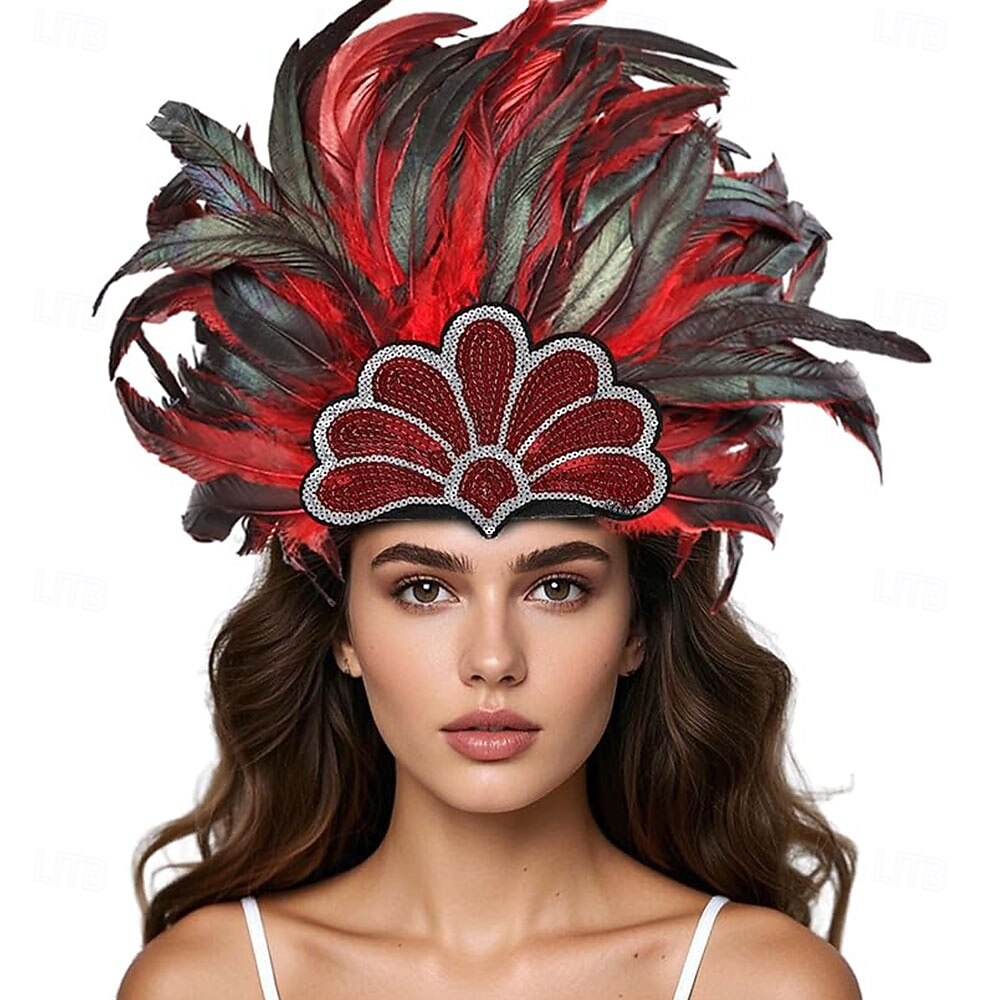 Карнавальная ночь 2026. Рио Карнавальная самба Аксессуары Красный и черный головной убор с перьями для женщин на фестивале Марди Гра - танцевальный аксессуар для фестиваля Бразилия 2026 - $15.49 –P1