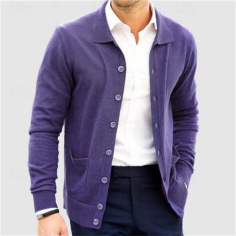 Men's Sweater Cardigan Sweater Ribbed Knit Regular Tops Knitted Plain Turndown Vacation Fashion Casual Office Clothing Apparel Spring &  Fall Navy Blue S M L 2026 - $36.99 –P5