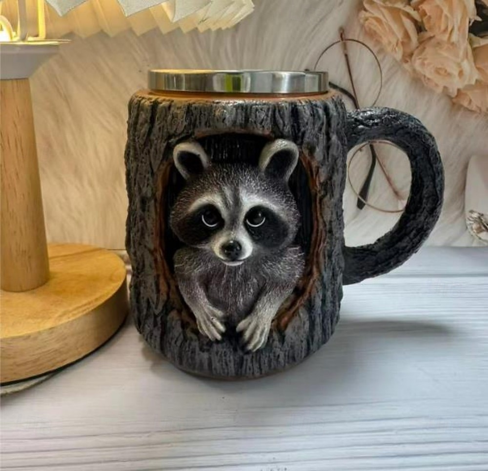 Кружка ручной работы с изображением енота, кофейная чашка из смолы с 3D-животным, креативная кружка с дизайном пня из лесного дерева, подарочная чашка с милым лесным енотом для домашнего офиса, 2026 - $25.99 –P6