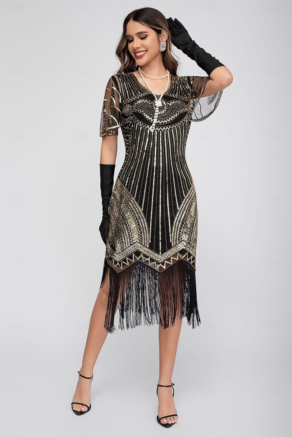 Goldene Zwanziger 1920er Knielang Flapper Kleid Kurze Ärmel Der große Gatsby Pailletten Fransen V Ausschnitt Kostüm Damen Weihnachten Karneval Flüsterkneipe Maskerade Retro-Mottoparty Erwachsene 2026 - $45.99 –P3