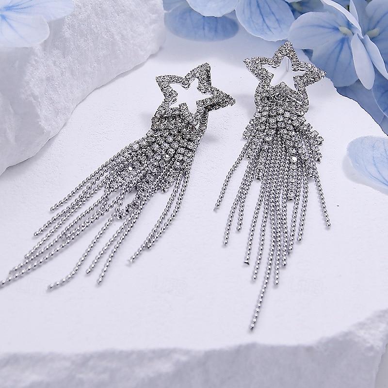 Stříbrné náušnice ve tvaru hvězdy s třpytivými křišťálovými střapci – okouzlující dlouhé visací náušnice pro ženy 2026 - $11.99 –P4