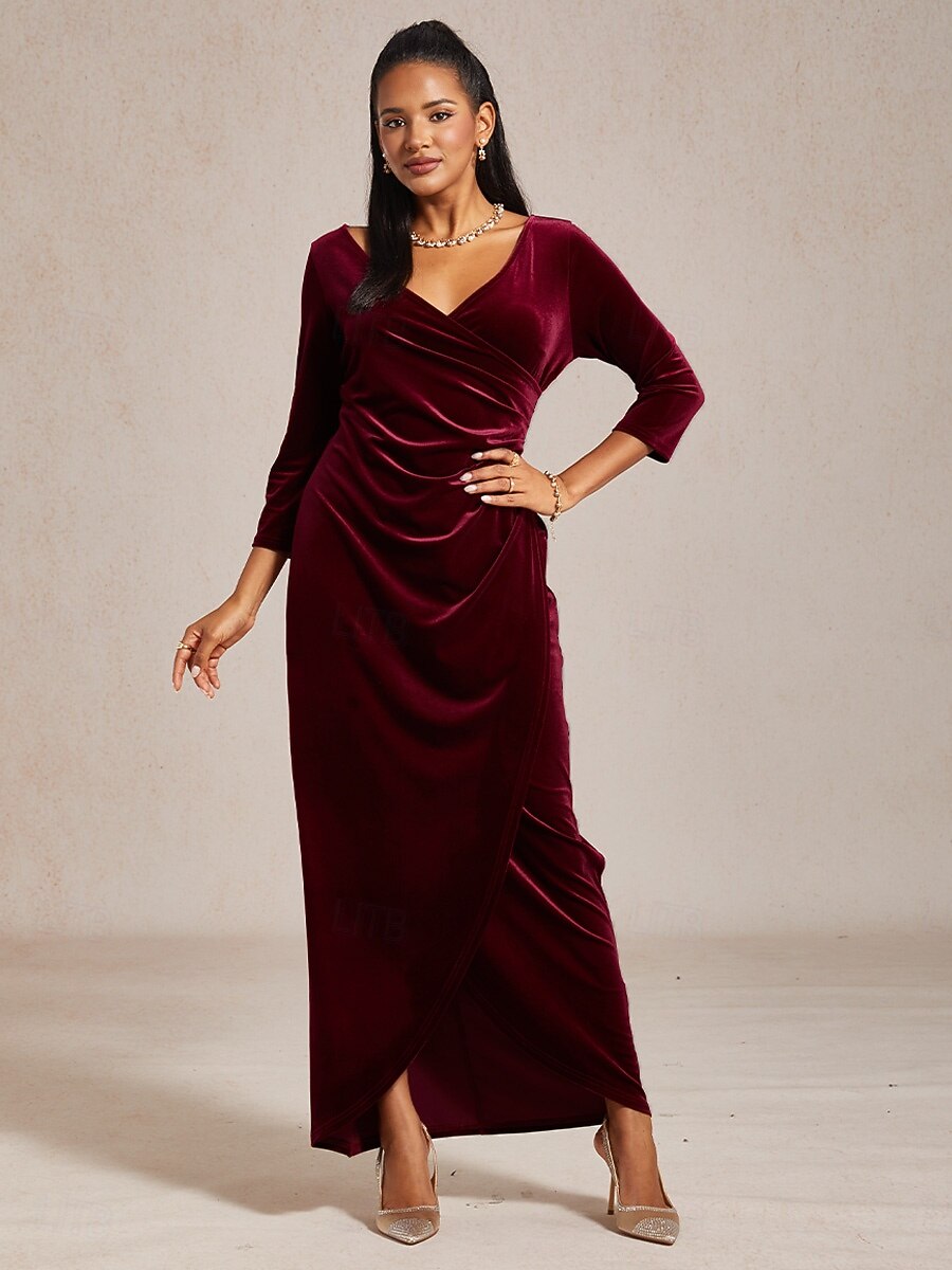 Women's Maxi Dress Wrap Dress Velvet Dress Elegant Wedding Guest Evening Party Cocktail Party Solid Color 3/4 Length Sleeve V Neck Eggplant Winter 2026 - $53.99 –P3