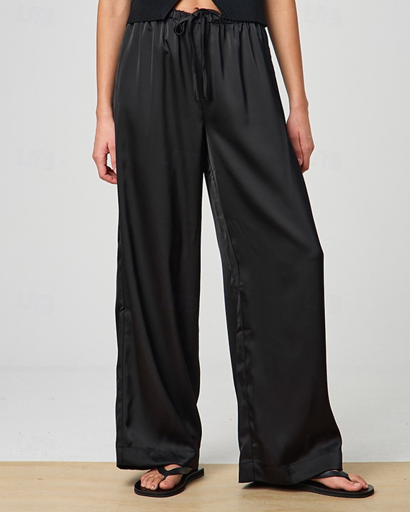 Damen Satinhosen Weites Bein Chinos Hosen Hose Streetwear Lässig Volle Länge Mittlere Taillenlinie Einfach Kordelzug Tasche Bequem Unelastisch Täglich Outdoor Schwarz Sommer Frühling Lässiger Schnitt 2026 - $27.99 –P1