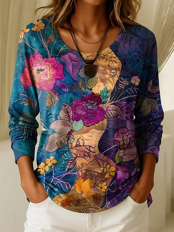 Damen T Shirt Druck Grafik Geometrisch Pflanzen Vintage Stilvoll Lässig Langarm Rundhalsausschnitt Normale Oberteile Täglich Wochenende Blau Schwarz Wein Purpur Frühling Herbst Winter 2026 - $24.99 –P4