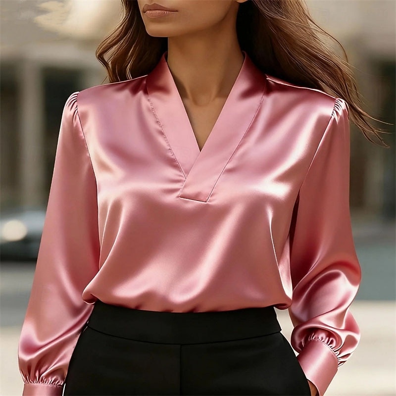 Damen Hemd Elegant Satin-Top Bluse Gerafft Patchwork Drapiert Einfach Elegant Vintage Niedlich Langarm V Ausschnitt Normale Oberteile Täglich Arbeit Ferien Schwarz Weiß Rosa Khaki Herbst Winter 2026 - $26.99 –P4