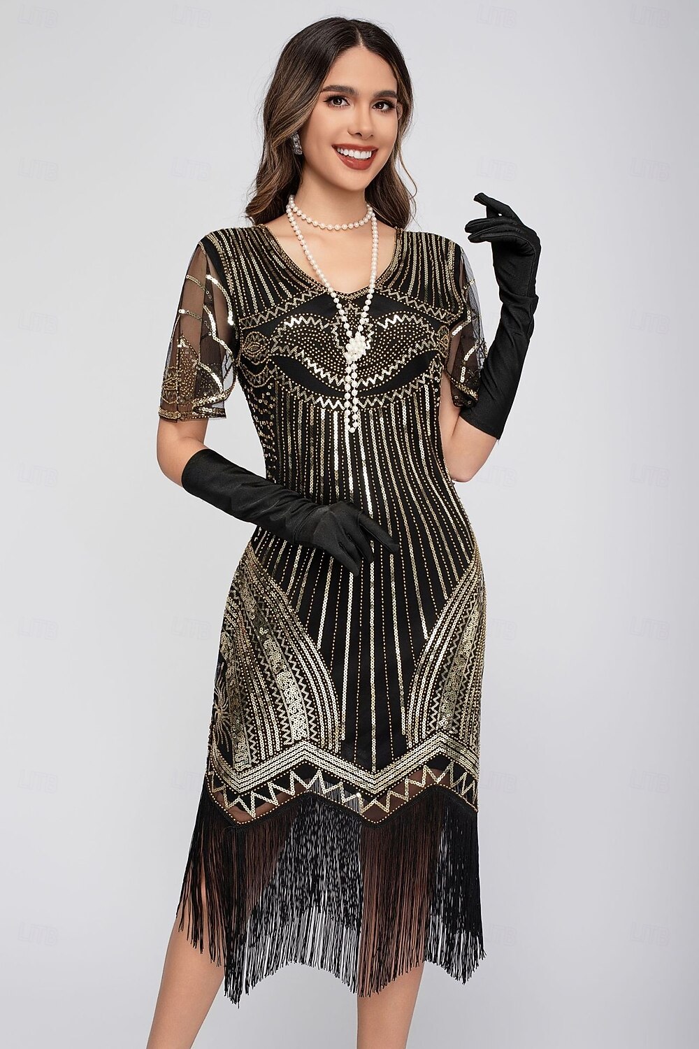 Goldene Zwanziger 1920er Knielang Flapper Kleid Kurze Ärmel Der große Gatsby Pailletten Fransen V Ausschnitt Kostüm Damen Weihnachten Karneval Flüsterkneipe Maskerade Retro-Mottoparty Erwachsene 2026 - $45.99 –P1
