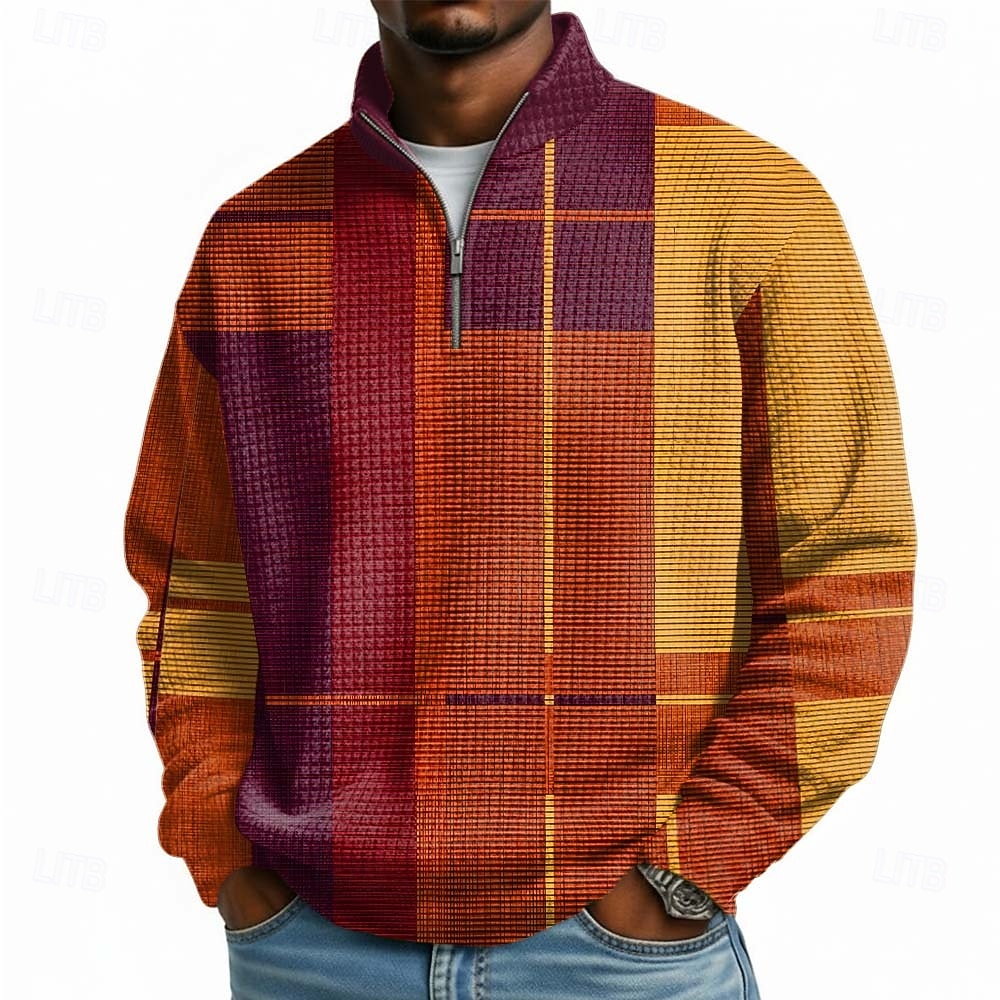Per uomo Geometrico Plaid Nido d'ape Felpa Moda Quotidiano Classico Casual Collo alla coreana Zip a un quarto All'aperto Casa Ufficio Lavoro Giallo Viola Arancione Grigio Con zip Autunno Inverno del 2026 a $28.99 –P1