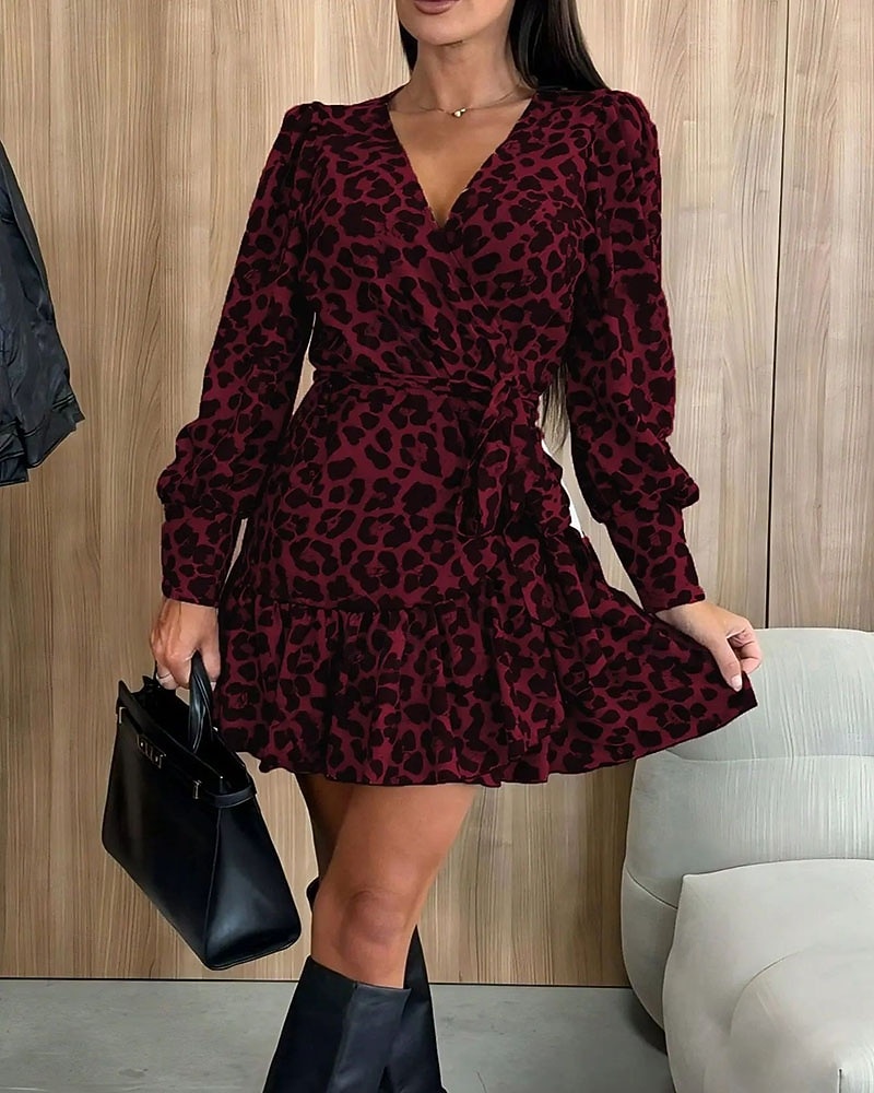 Per donna Mini Abito Vestito Casual Abito Stampato Elegante Moda Moderno Quotidiano Ferie Uscire Vestibilità regolare Leopardo Manica Lunga Scollo a V Blu Leopardo Rosso Verde Estate del 2026 a $31.99 –P3