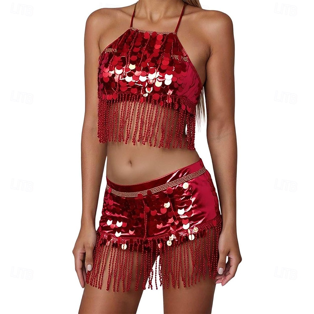 Samba Dancewear Damen 2-teiliges Pailletten Bauchtanzrock-Set Fransen Hüftschal mit Halter-Bra-Tops Leistungskostüm 2026 - $39.99 –P1