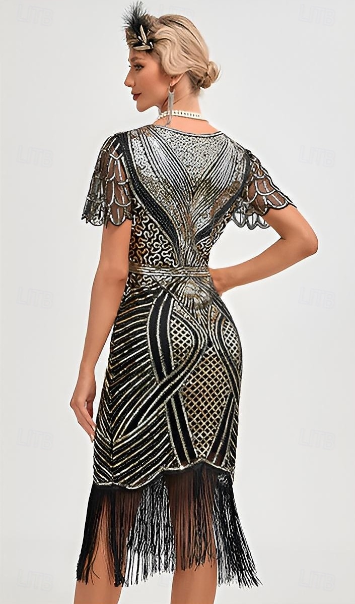 Goldene Zwanziger 1920er Knielang Flapper Kleid Kurze Ärmel Der große Gatsby Flapper-Mädchen Pailletten Fransen V Ausschnitt Kostüm Damen Weihnachten Karneval Abendgesellschaft Flüsterkneipe Maskerade 2026 - $47.99 –P7