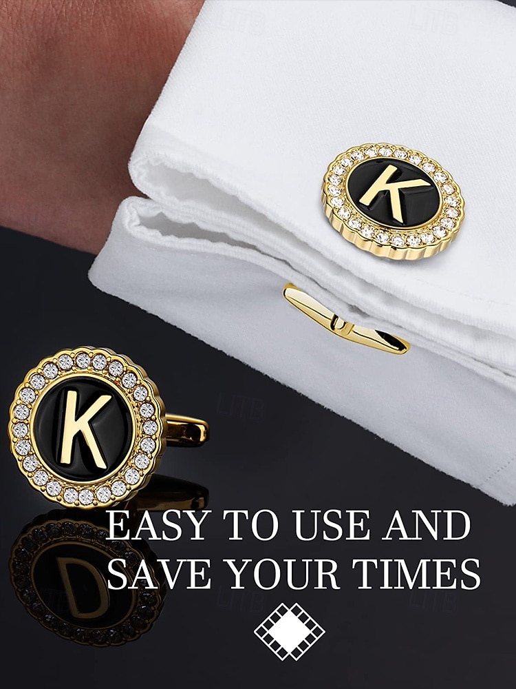 Комплект из мужского зажима для галстука, запонок и булавки для лацкана из сплава – элегантный черно-золотой дизайн с кристаллами, персонализированный 26 инициалами, идеальный подарок для официальных мероприятий и делового дресс-кода 2026 - $11.99 –P3