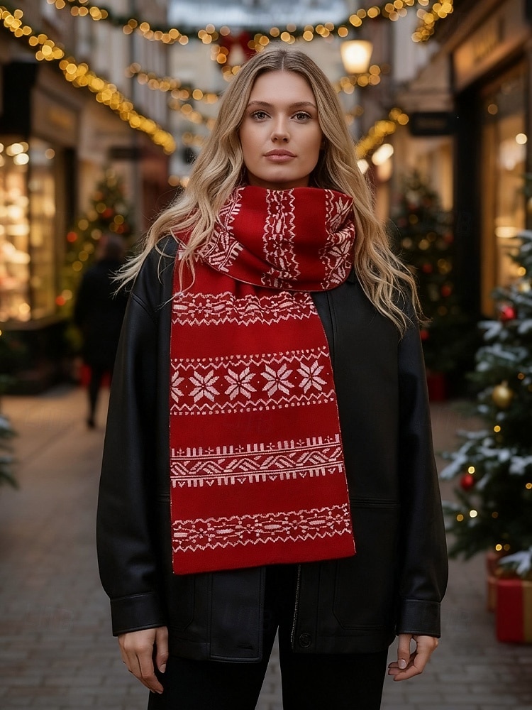 Weihnachtsstrickschal mit Schneeflockenmuster für Damen – aus Acryl, festliches rot-weißes Muster, perfekt für Winterfeiertage und Weihnachtsfeiern 2026 - $11.99 –P2