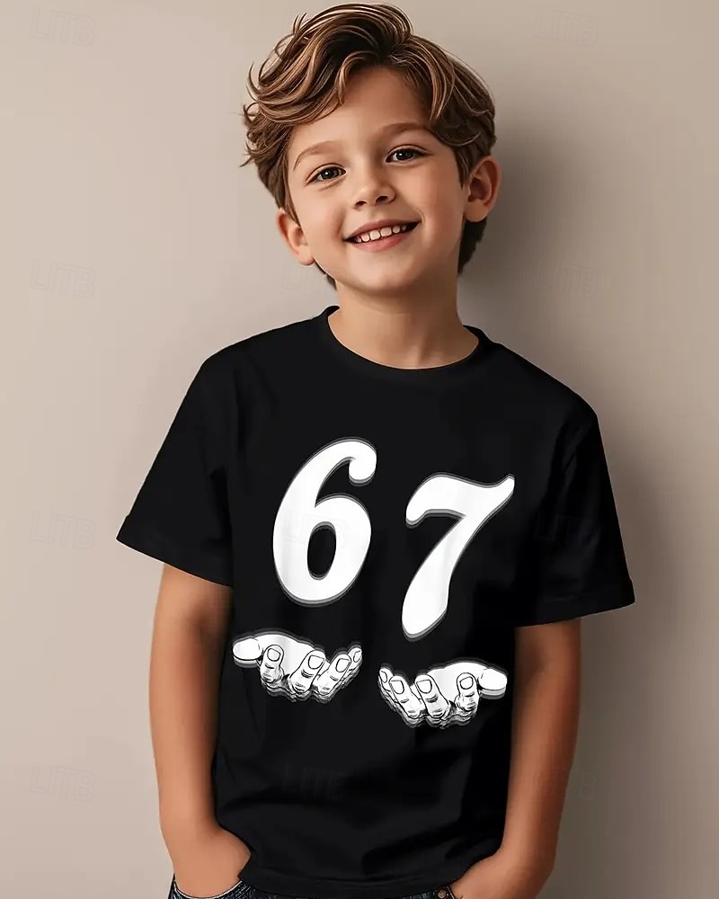 Algodón Niños Chico Negro Graphic Jerga divertida 67 Camiseta Blusa Cuello Barco Manga Corta Exterior Uso Diario Moda Ropa de calle Design Estampado Verano 2026 - $14.99 –P1