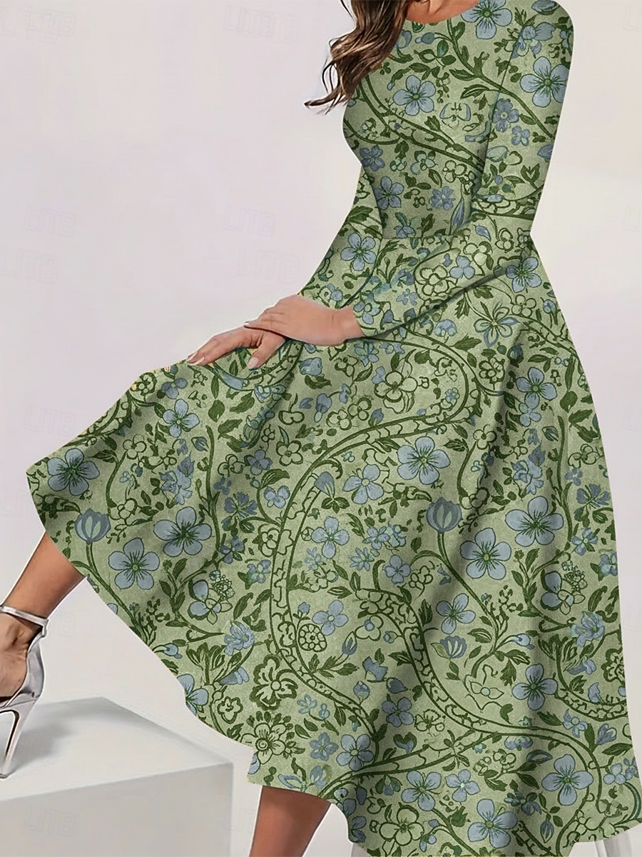 Women's Midi Dress Casual Dress Swing Dress Elegant Fashion Daily Outdoor Weekend Regular Fit Floral Long Sleeve Crew Neck Blue Yellow Green Spring Fall Winter Autumn 2026 - $37.99 –P3