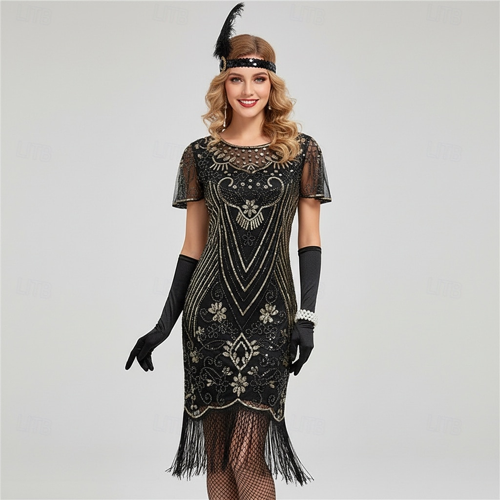 Set Anni Ruggenti Anni 1920 Lunghezza al ginocchio Lunghezza corta Abito Flapper Abiti Costume da festa con accessori Manica illusione Maniche corte Il grande Gatsby Invitato al matrimonio Paillettes del 2026 a $54.99 –P7
