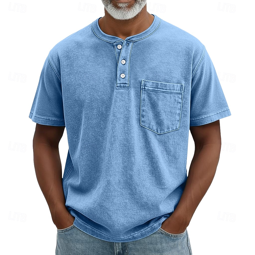 SoftFade™ Heren Henley Shirt 100% Katoen Acid Wash Shirt T shirt Tee Korte Mouw Retro Vintage Casual Button Up Zak Garment Dyed Zomer Lente Herfst Donkerbruin Zwart Roze Henley T-Shirt 2026 - $31.99 –P4