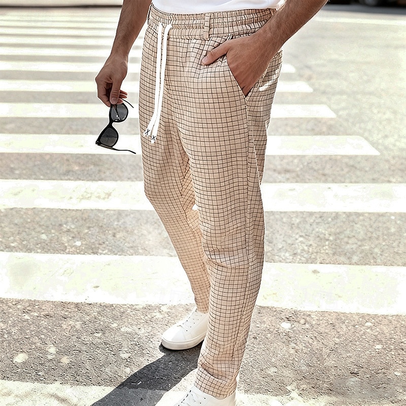 Men's Trousers Casual Pants Drawstring Pocket Elastic Waist Plaid Comfort Soft Outdoor Daily Holiday Fashion Classic Style Dark Khaki Light Khaki Micro-elastic 2026 - $24.99 –P13