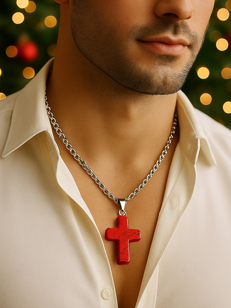 Мужское рождественское ожерелье с подвеской-крестиком из натурального камня, доступно в нескольких цветах, стильный и модный дизайн, идеально подходит для подарков на праздники 2026 - $9.99 –P1