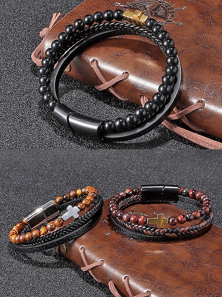 мужской браслет с магнитной застежкой — дизайн из натурального камня и искусственной кожи, стильный и прочный, идеально подходит для повседневной носки. 2026 - $11.99 –P5