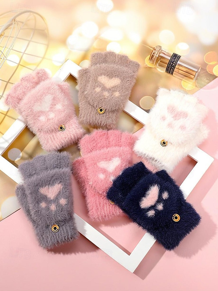 Damen-Fingerhandschuhe aus flauschigem Strick mit Katzenpfotenmuster – weicher Plüschstoff, in verschiedenen Farben erhältlich, perfekt für Winter und Freizeit. 2026 - $7.99 –P3
