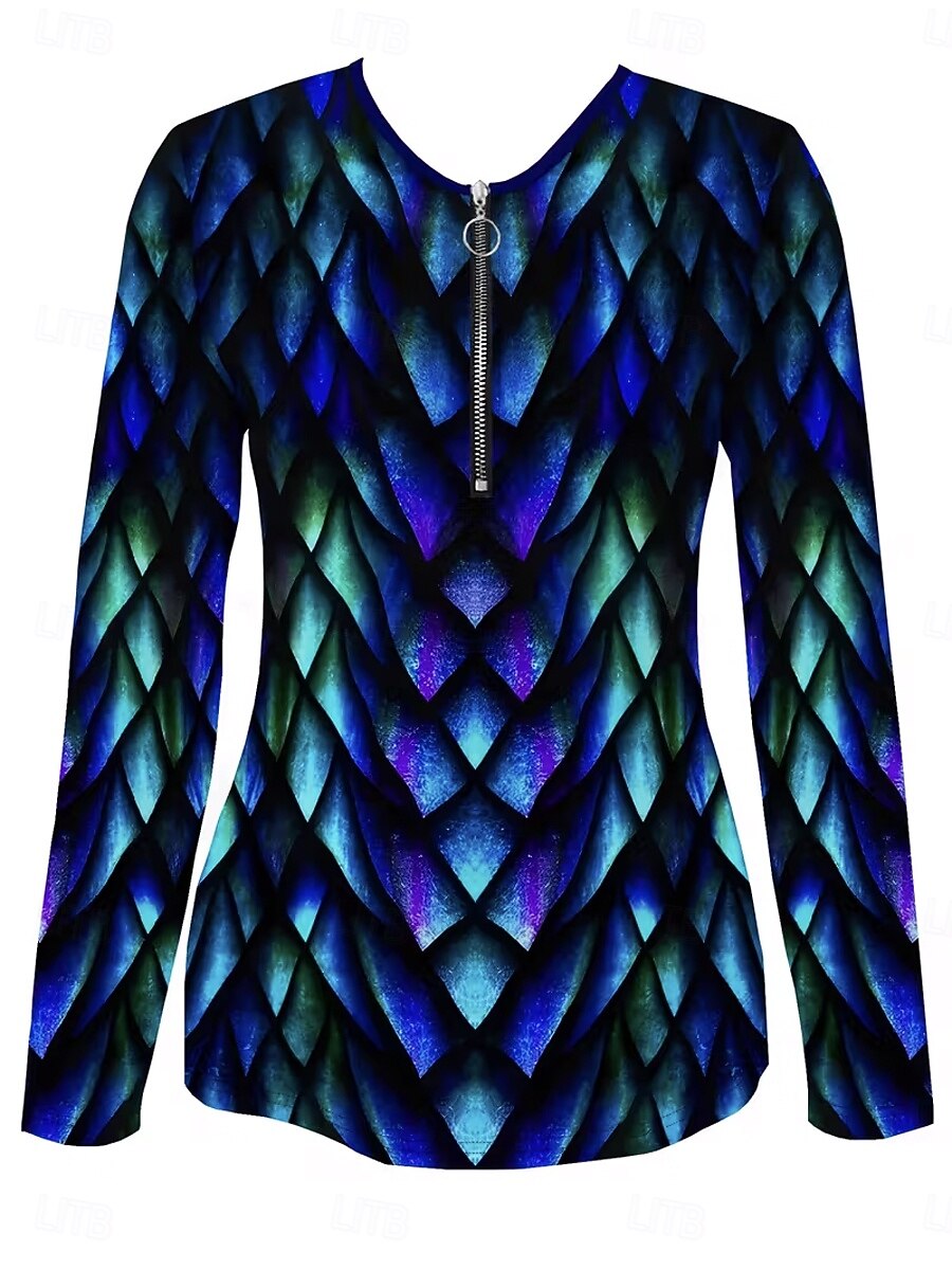 Per donna Maglietta Cerniera Stampato Grafico Geometrico Astratto Moda Casual Manica Lunga Girocollo Scollo a V Top Regolari Quotidiano Blu Primavera Autunno Inverno del 2026 a $25.99 –P3