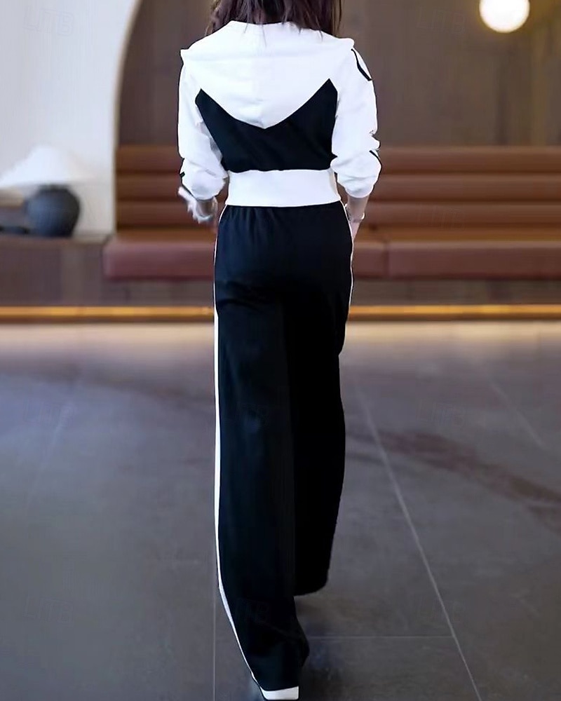 نسائي سويت شيرت بسحاب بنطلون واسع الساق بدلة رياضية من قطعتين رباط ألوان متناوبة أطقم ملابس رياضية الخريف أسود أبيض المشي لمسافات طويلة مهنة ركض كم طويل رياضة ألبسة رياضية مرن نسبياً عادي 2026 - $39.99 –P7