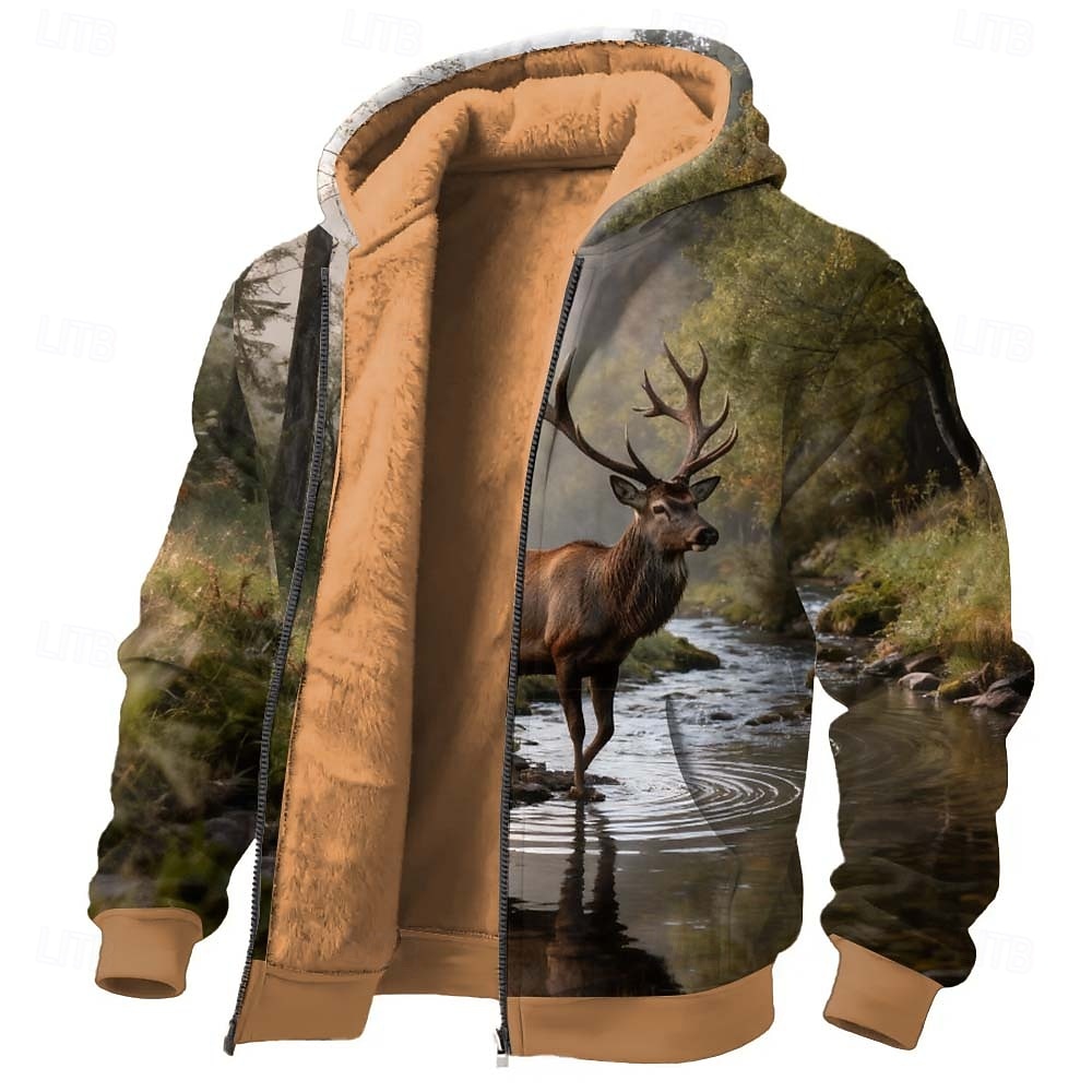 Miesten 3D-tulostus Hirvet Fleece Huppari Takki College Klassinen Asevoimat Metsästys Tiukka pyöreä kaula-aukko ulko- Retkeily Sininen Vaalean ruskea Ruskea Sulkea jnk vetoketju Syksy Talvi 2026 - $41.99 –P2